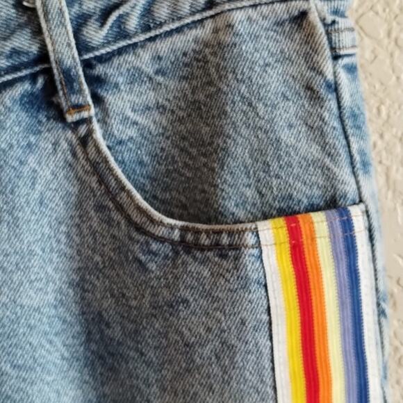 Retro 1 Rainbow Striped Embellished Relaxed Wide Leg Mid Rise Blue Jeans 9 / 29 - Picture 2 of 10